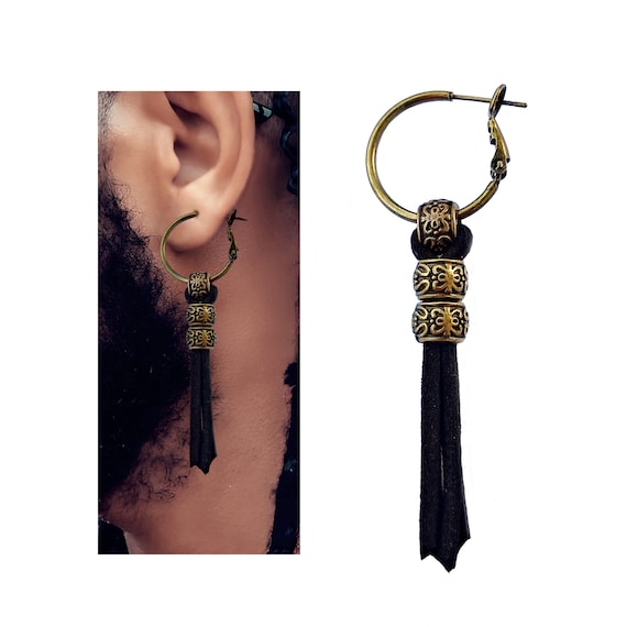 Bronze Hoop Earring for Men: Black Leather Boho Tribal Style