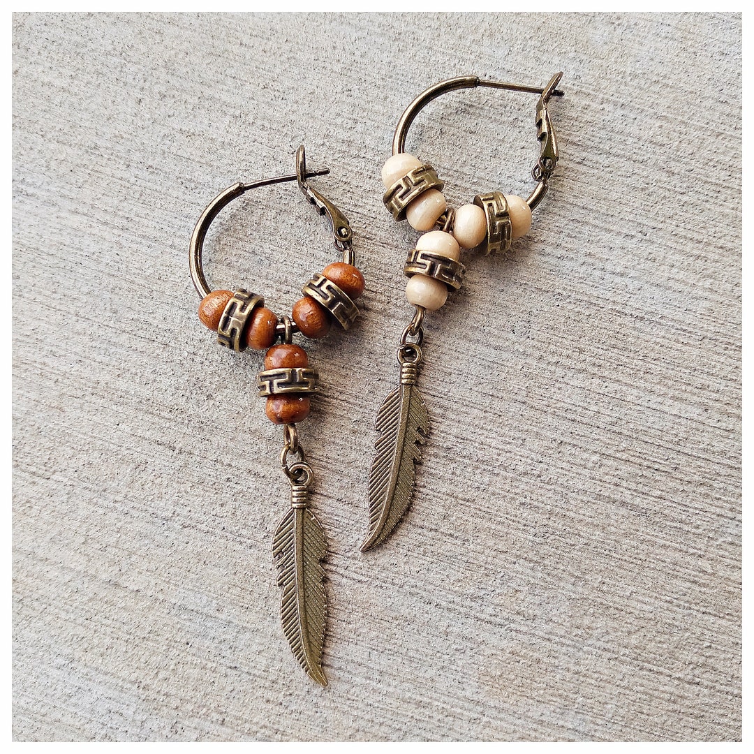 Bronze and Wood Feather Earring for Men Native American Single Pirate