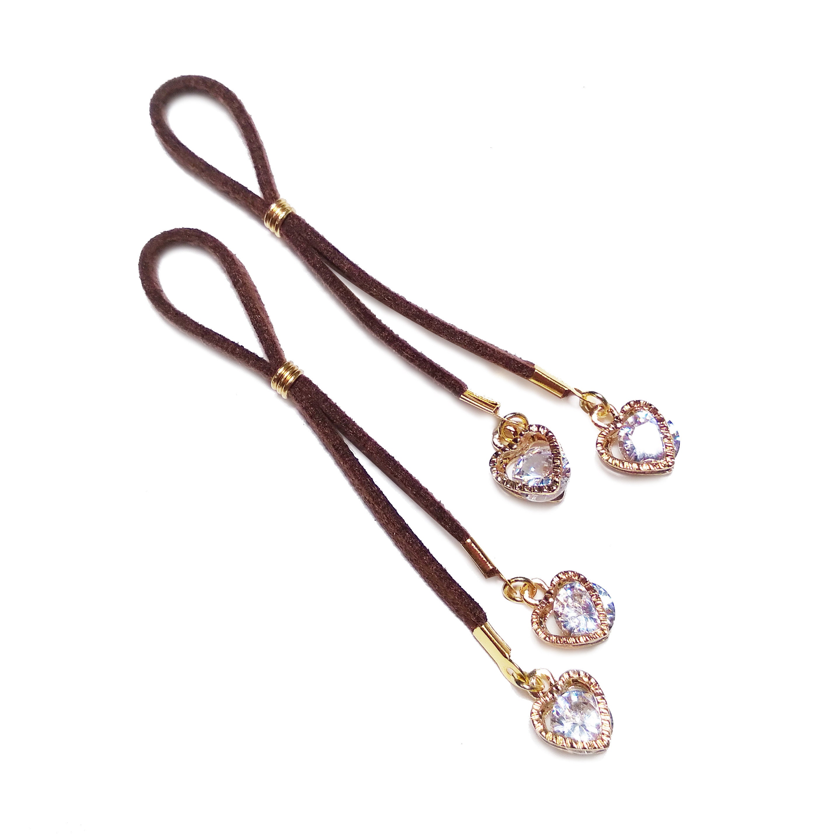 Brown Leather Non Pierced Nipple Nooses With Gold Heart Rhinestone