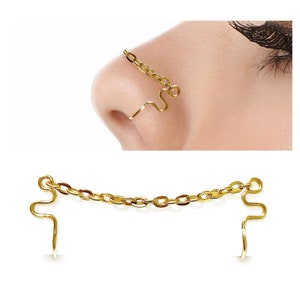 Gold Nose Chain for Double Fake Nose Piercing - Nostril Piercing - Non Pierced Fake Cuff Nose Ring - Valentine&#39;s day Gift