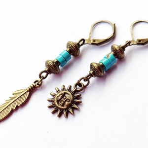 Bronze Turquoise Men&#39;s Earrings: Sun, Moon & Feather - Hippie Style