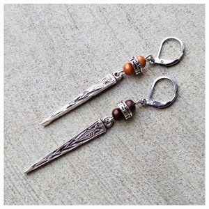 Tribal Spike Men&#39;s Earring: Silver Dangle, Wood Bead, Boho Aztec Jewelry