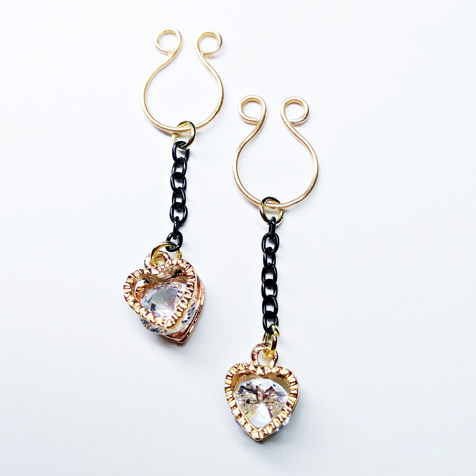Gold Non Piercing Nipple Jewelry With a Heart Rhinestone and Black