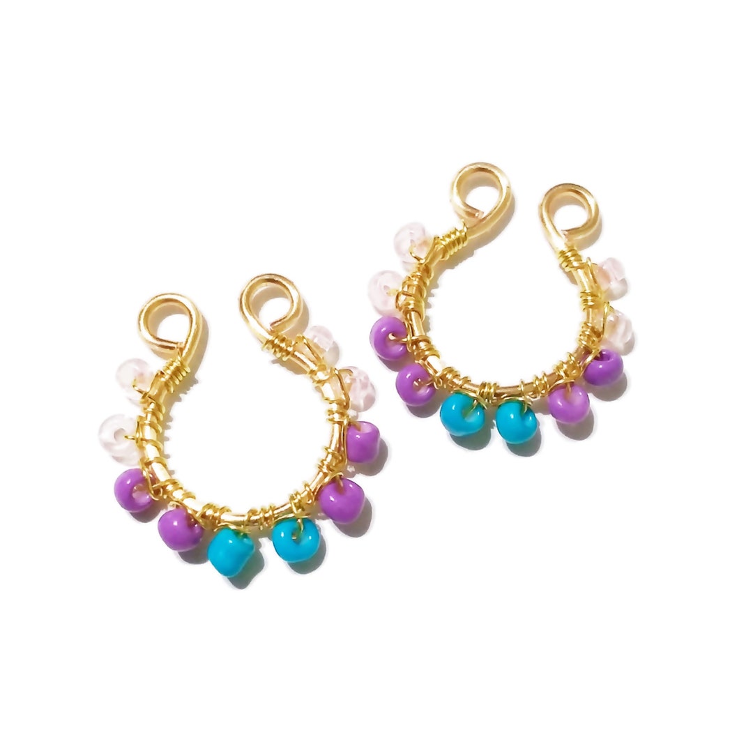 Fake Nipple Piercing Beaded in Purple and Blue Fake Body Jewelry Gold Wire Hammered Bohemian