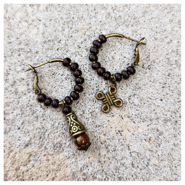 Tribal Wood Hoop Earrings for Men - Tiger Eye Celtic Knot Man Single Earring - Father's Day Gift