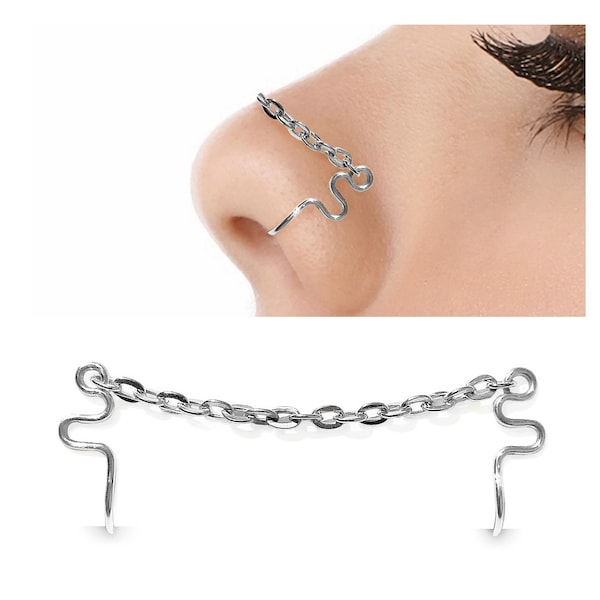 Nostril Nose Chain for Double Fake Nose Piercing - Silver Nostril Piercing - Non Pierced Fake Cuff Nose Ring - Valentine's day Gift