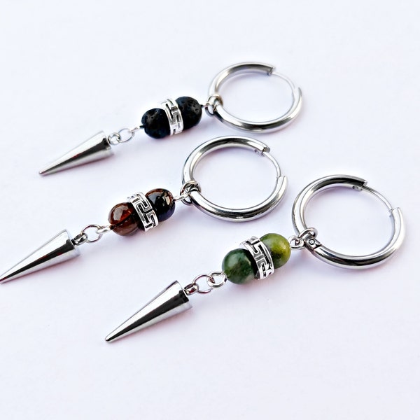 Stainless steel Spike Earring for Men with Gemstone Beads - Lava rock Tiger eye Taiwan jade Single Pirate Style Hoop Earrings