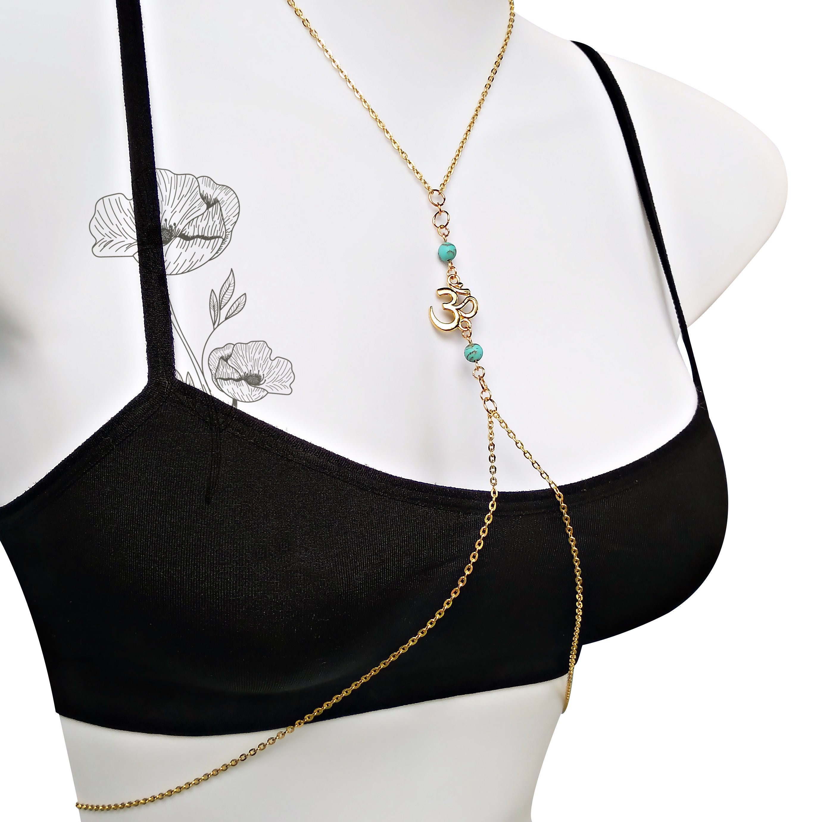 Gold Body Chain With Ohm Symbol and Turquoise Beads Meditation Body