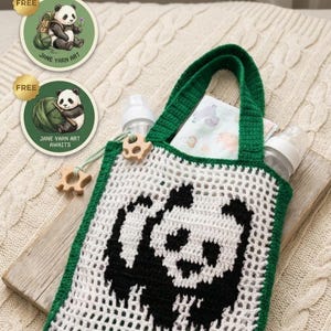 May include: A white and green crocheted tote bag with a black panda design. The bag has green handles and trim. The image includes two free digital stickers with panda illustrations and the text "Jane Yarn Art".