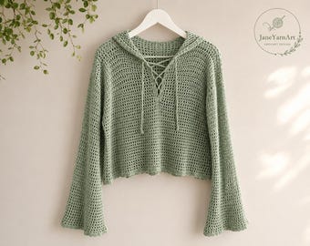 Modieus gehaakt topje met capuchon | Gehaakt topje van mesh | Hoodie met vetersluiting | Zomertrui voor dames | XS-XL PDF
