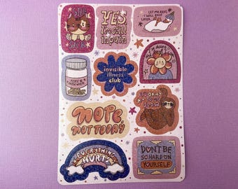 Chronic Illness/Disability awareness holographic glitter sticker sheet (A5 size) ~ Chronic Pain, Fatigue, Spoonie, chronic pain
