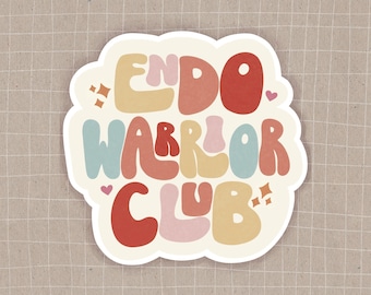 May include: A sticker with the text "ENDO WARRIOR CLUB" in a retro, colorful font. The letters are in shades of pink, red, blue, yellow, and orange.