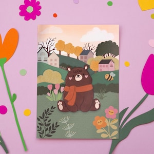 Bear Cottagecore Art Print - A5 or A6 - Autumn, Wall Art, Whimsical, Cute, Illustration, Stationary, Nature, Animals,