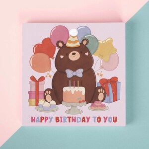 Happy birthday square greeting card - cute bear - party - celebrate - cards (including white envelope)