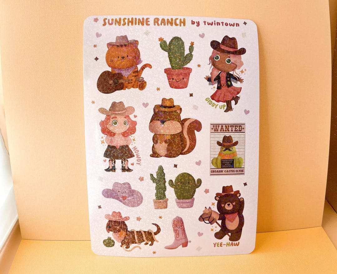 Country Western Theme Sticker Sheet With Holographic Glitter (A5 Size ...
