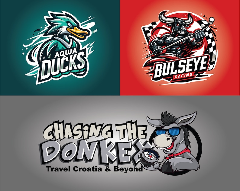 May include: Three colorful logos with cartoon animals. The first logo is a teal duck with the text "Aqua Ducks". The second logo is a red bull with the text "Bullseye Racing". The third logo is a gray donkey with sunglasses and a compass, with the text "Chasing the Donkey Travel Croatia & Beyond".