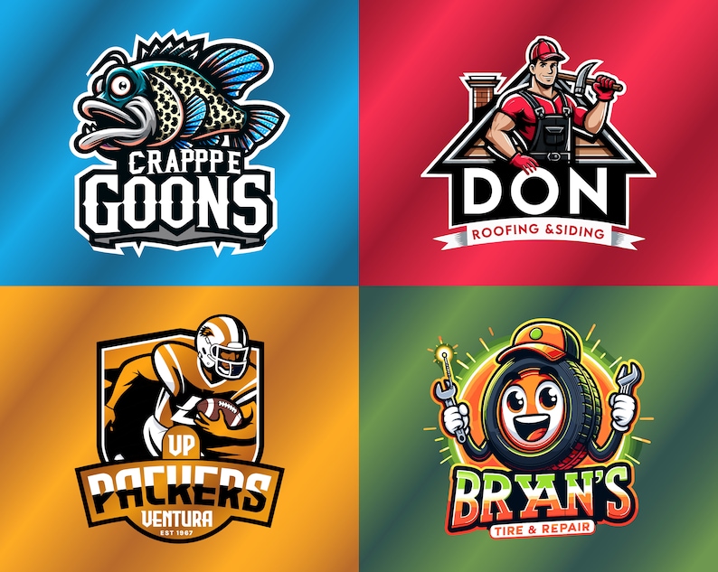 May include: Four colorful logos with different themes. The top left logo features a blue and green fish with the text "CRAPPPE GOONS". The top right logo features a red house with a man holding a hammer and the text "DON ROOFING & SIDING". The bottom left logo features a yellow football player with the text "UP PACKERS VENTURA EST 1967". The bottom right logo features a cartoon tire with a smiling face holding a wrench and the text "BRYAN'S TIRE & REPAIR".