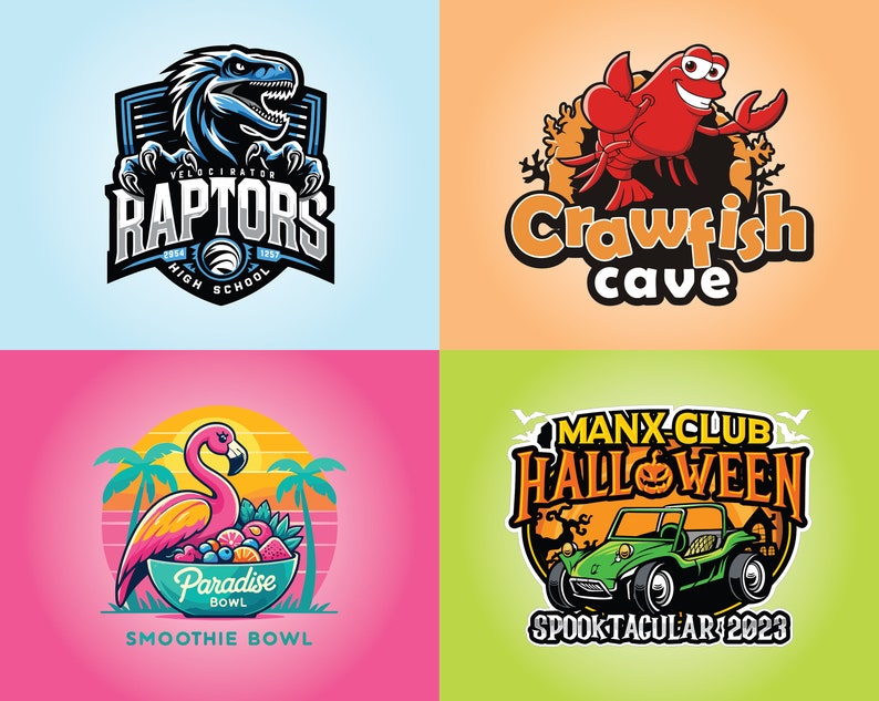 May include: Four colorful logos with different themes. The top left logo is a blue and white velociraptor with the text "Velociraptor Raptors High School". The top right logo is a red crawfish with the text "Crawfish Cave". The bottom left logo is a pink flamingo in a bowl of fruit with the text "Paradise Bowl Smoothie Bowl". The bottom right logo is a green dune buggy with the text "Manx Club Halloween Spooktacular 2023".