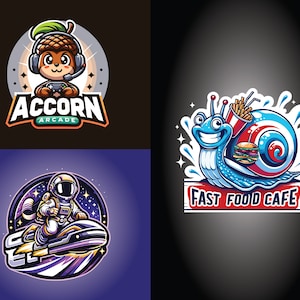 May include: Four different logo designs. The first logo is a cartoon squirrel wearing a headset and holding a video game controller. The logo text is "Acorn Arcade". The second logo is a cartoon snail with a blue shell and a red and white stripe. The snail is carrying a burger, fries, and a soda. The logo text is "Fast Food Cafe". The third logo is a cartoon astronaut riding a jet ski in space. The fourth logo is a cartoon astronaut riding a jet ski in space.