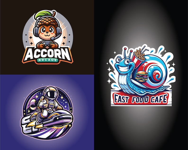 May include: Four different logo designs. The first logo is a cartoon squirrel wearing a headset and holding a video game controller. The logo text is "Acorn Arcade". The second logo is a cartoon snail with a blue shell and a red and white stripe. The snail is carrying a burger, fries, and a soda. The logo text is "Fast Food Cafe". The third logo is a cartoon astronaut riding a jet ski in space. The fourth logo is a cartoon astronaut riding a jet ski in space.