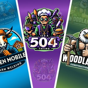 May include: Three colorful logos featuring cartoon animals. The first logo is blue and features a cow wearing a welding mask and holding a welding torch. The text "Aiken Mobile Farm Welding" is below the cow. The second logo is purple and features a chef wearing sunglasses and a chef's hat. The text "It's a 504 Thing" is below the chef. The third logo is green and features a muscular eagle wearing overalls and holding a hammer. The text "Woodland Construction" is below the eagle.