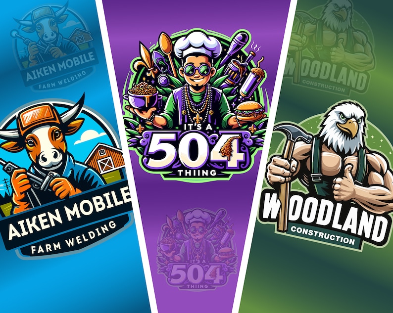 May include: Three colorful logos featuring cartoon animals. The first logo is blue and features a cow wearing a welding mask and holding a welding torch. The text "Aiken Mobile Farm Welding" is below the cow. The second logo is purple and features a chef wearing sunglasses and a chef's hat. The text "It's a 504 Thing" is below the chef. The third logo is green and features a muscular eagle wearing overalls and holding a hammer. The text "Woodland Construction" is below the eagle.