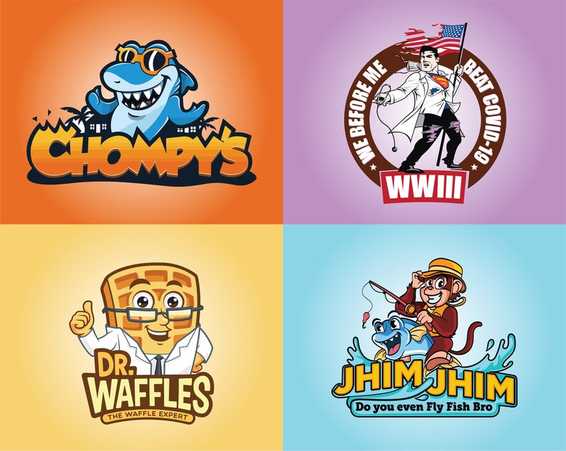 May include: Four colorful logos with cartoon characters. The first logo is a blue shark with sunglasses and the text "CHOMPYS" in orange, yellow, and red. The second logo is a man in a white lab coat and red cape holding a flag that says "BEAT COVID-19". The third logo is a waffle wearing a white lab coat and glasses with the text "DR. WAFFLES THE WAFFLE EXPERT". The fourth logo is a monkey wearing a hat and holding a fishing rod with a fish in the water. The text "JHIMJHIM Do you even Fly Fish Bro" is below the monkey.