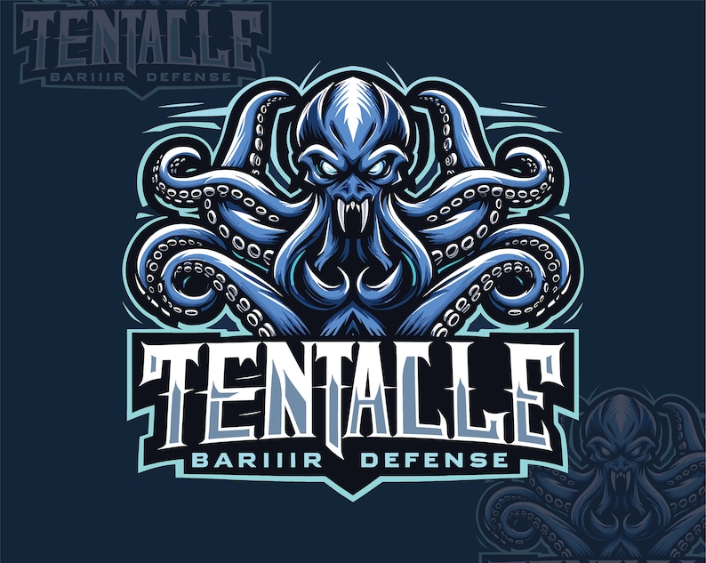 May include: A blue and white logo with the text "TENTACLE BARIIIR DEFENSE" and a blue octopus with sharp teeth and many tentacles.