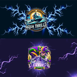 May include: A blue and yellow logo with the text "Aqua Thrills Jet Ski Adventures" in a circle with a sunset and a person riding a jet ski. Below is a purple and green logo with the text "L.E.WIE'S LOGISTICS" and a jester holding a truck.