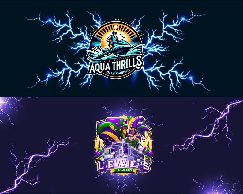 May include: A blue and yellow logo with the text "Aqua Thrills Jet Ski Adventures" in a circle with a sunset and a person riding a jet ski. Below is a purple and green logo with the text "L.E.WIE'S LOGISTICS" and a jester holding a truck.