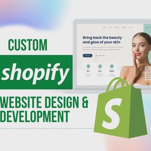Op de afbeelding: Een afbeelding die reclame maakt voor aangepaste Shopify website design en ontwikkeling. De afbeelding toont een laptop en smartphone met een website met de tekst "Bring back the beauty and glow of your skin". Een groene boodschappentas met een witte "S" is ook aanwezig.