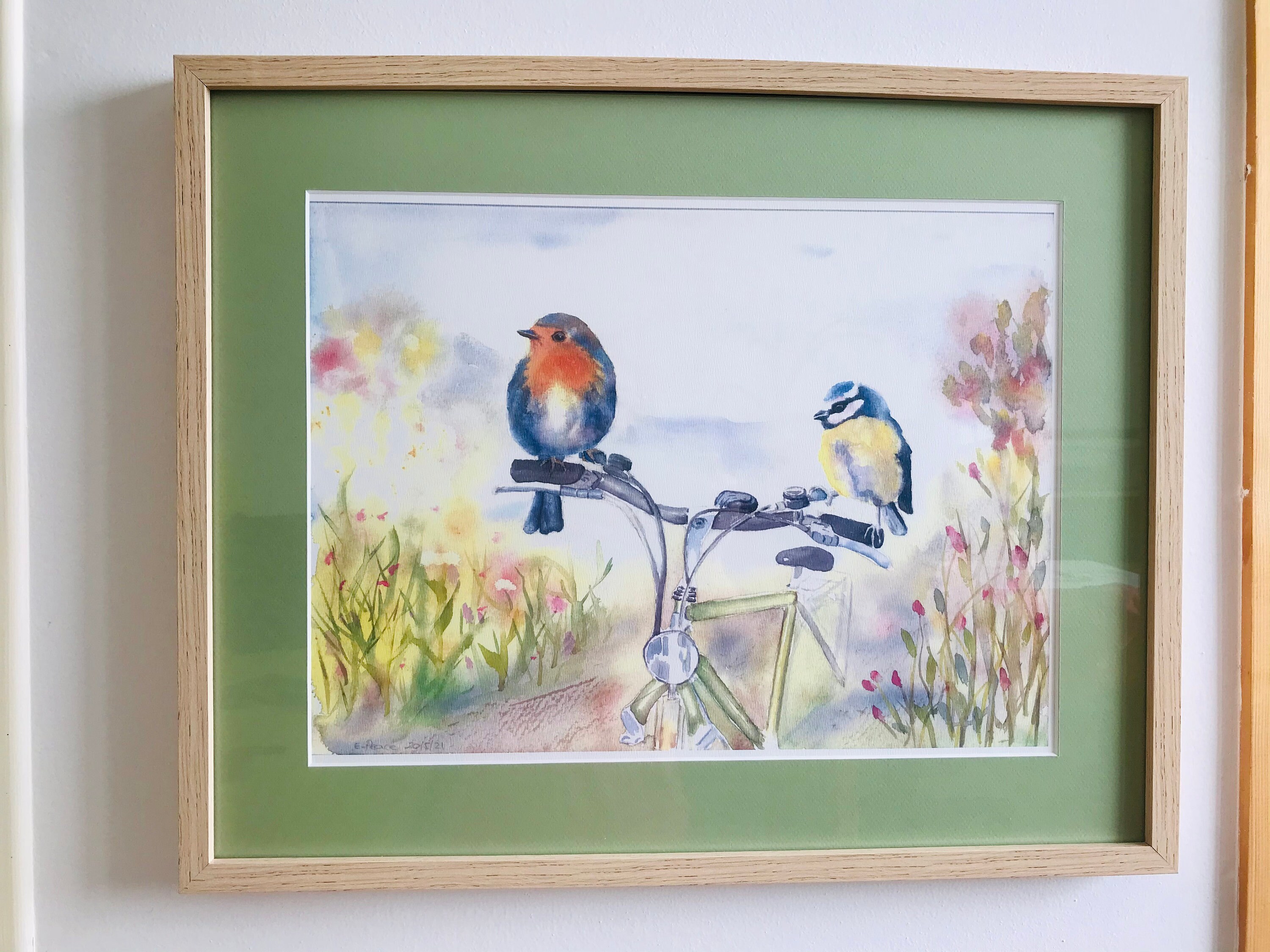 Aquarelle Originale Impression Peinture de 2 Oiseaux sur Un Vélo