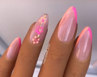 Bright French Flowers Custom Press On Nails | Coffin Medium False Nails | Pink And Orange Glue On Nails