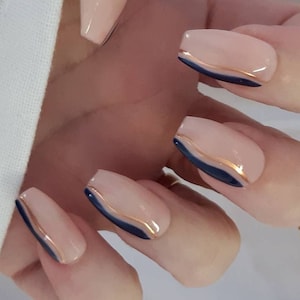 Navy French, Custom Press On Nails uk, Hand Painted Nails, Long, Short, Almond, Square, Oval, Coffin Nails