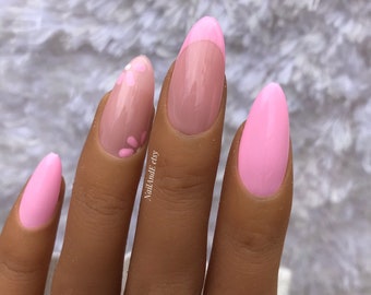 Pink French And Flower Mix False Nails, Press On Nails, Square,Oval, Almond, Ballerina, Long, Short, Medium Custom Nails