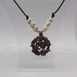 Viking leather necklace with bronze amulet and bone beads