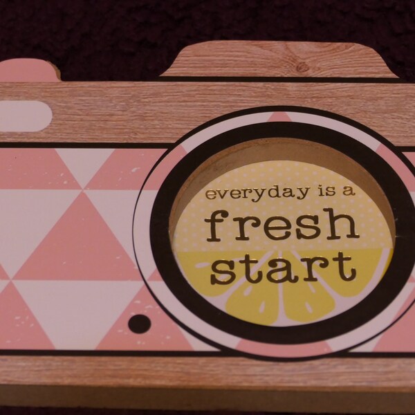 Pink Camera style wood block frame with lemon art fresh start