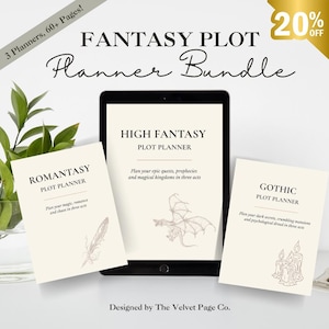 May include: A fantasy plot planner bundle with three planners and over 60 pages. The bundle includes a digital tablet with a "High Fantasy" planner and two physical planners labeled "Romantasy" and "Gothic". The text "Fantasy Plot Planner Bundle" is displayed.