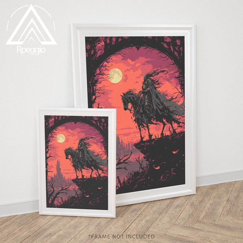 May include: A black and white illustration of a figure on horseback riding through a dark forest. The figure is wearing a long black cloak and the horse is silhouetted against a red and orange sky. The image is framed in a white frame.