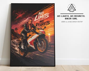 Motorcycle Poster – Female Biker Sunset Road Vector Art, No Limits No Regrets, Sport Bike Racing Wall Art Print