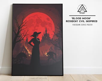 Resident Evil Wall Art Poster, Tall Vampire Lady with Werewolves Under Blood Moon, Castle Silhouette, Game-Inspired Print