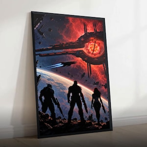 May include: A framed vertical wall art print depicting three silhouetted figures standing on a rocky surface overlooking a planet. Above them, a large mechanical structure with a glowing red core floats in space amidst a vibrant red nebula.