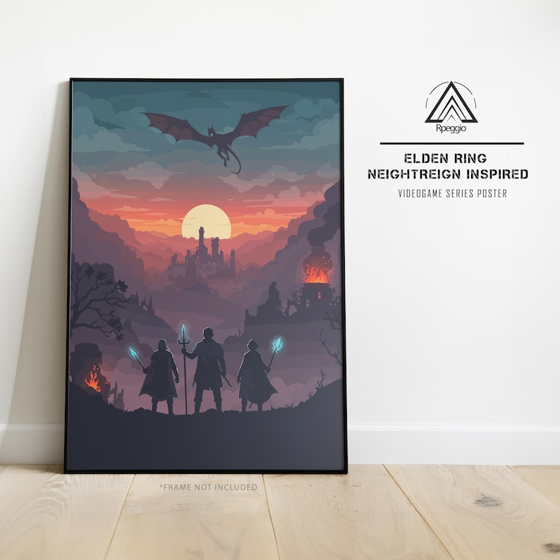 May include: Elden Ring Neightreign Inspired videogame series poster. The artwork features a dragon flying over a sunset landscape with a castle and three figures holding weapons. The poster is framed in black.