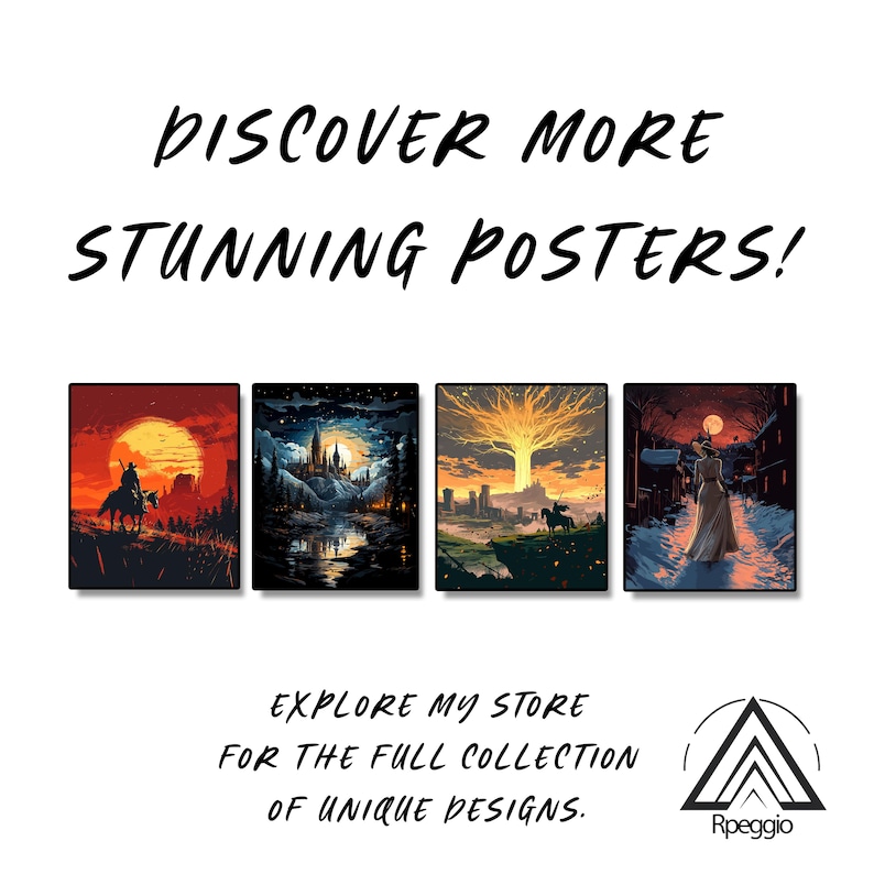 May include: Four digital art posters featuring different scenes. The first poster is a sunset scene with a lone rider on horseback. The second poster features a castle in a forest. The third poster shows a large tree with a glowing light. The fourth poster depicts a woman walking down a snowy street.