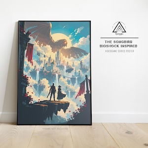 Bio Shock Infinite-affisch, Columbia-väggkonst, Booker and Elizabeth-tryck, Songbird-konstverk, flytande stadsspeldekor, spelpresent