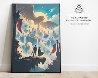 Bio shock Infinite Poster, Columbia Wall Art, Booker and Elizabeth Print, Songbird Artwork, Floating City Gaming Decor, Gamer Gift