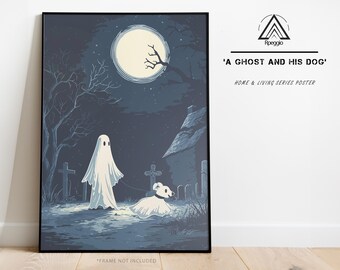 Ghost and Dog Halloween Poster, Cartoony Graveyard Wall Art