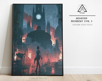 Nemesis in Burning Raccoon City – Survival Horror Vector Wall Art Print, Resident Evil 3, Jill Valentine
