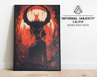 May include: A poster with a dark silhouette of a woman with horns and a red background. The text "'INFERNAL MAJESTY' LILITH INSPIRED SERIES POSTER" is at the top of the poster.