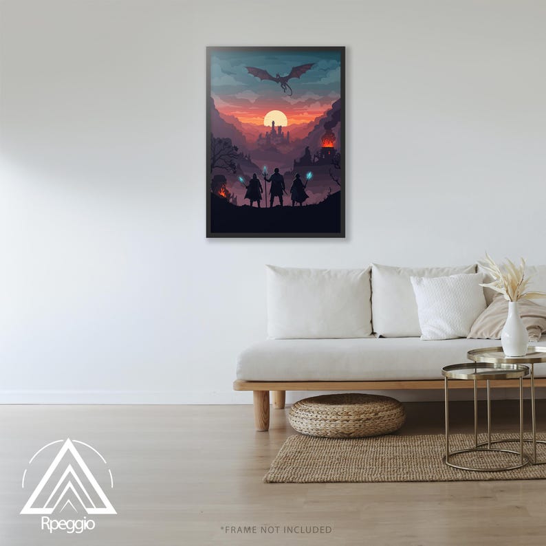 May include: Framed art print depicting a fantasy landscape with a dragon, wizards, and a sunset. The artwork features a dragon soaring above a castle, with three figures in the foreground. The color palette includes shades of orange, purple, and blue.